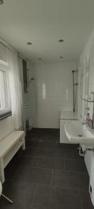 a bathroom with a sink and a shower and a tub at Ferienhaus Vogelsberg in Mechernich +24 photos