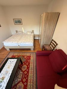 a living room with a bed and a couch at Útulný apartmán v Jizerkách in Hejnice