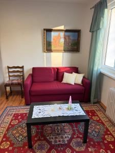 a living room with a red couch and a table at Útulný apartmán v Jizerkách in Hejnice