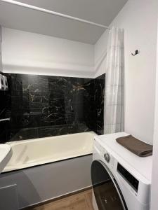 a bathroom with a tub and a sink and a washing machine at Kerulis Apartments in Vilnius