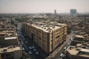 an overhead view of a large building with a street at Al-Assadi Hotel in Erbil