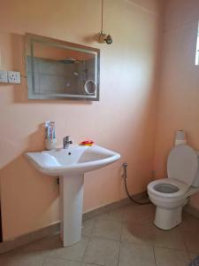 a bathroom with a sink and a toilet at Jugroop Beach House in Baie du Tombeau