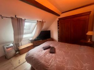 a bedroom with a bed and a window and a television at Escapade Romantique, Salon cathédrale, Strasbourg in Schiltigheim +11 photos