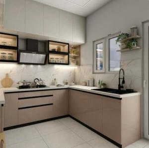 a kitchen with white cabinets and a sink and a window at 2bhk corporate home in Sohāna +10 photos