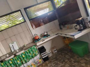 a small kitchen with a sink and two windows at Casa Concha Golfito in Golfito