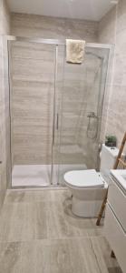 a bathroom with a shower and a toilet at Casa do Arco in Aljubarrota +12 photos