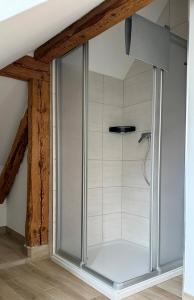 a glass shower in a room with a ceiling at Dachblick by Zirwick Apartment in Windischeschenbach +17 photos