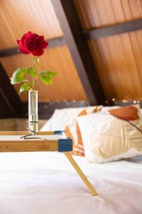 a rose in a vase on a table with a book at Recanto do Rio Chalé na Natureza in Rio dos Cedros