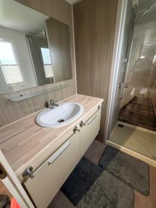 a bathroom with a sink and a mirror at Seacottage Blankenberge-Wenduine in De Haan