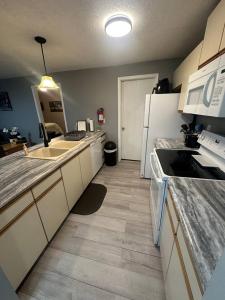 a kitchen with a sink and a white refrigerator at Homestake Haven in Lead
