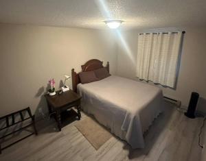 a bedroom with a bed and a table with a lamp at Homestake Haven in Lead +10 photos