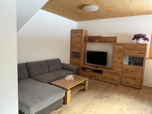 a living room with a couch and a tv at AusZeit in Gschnitz