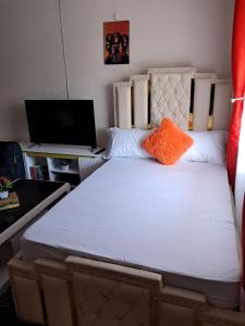 a bedroom with a bed with an orange pillow on it at Watene's Homes in Nairobi