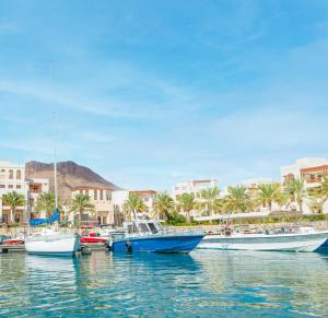 a group of boats docked in a harbor with buildings at Hakuna Matata Villa - BF 515A in Muscat