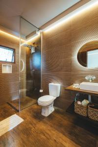 a bathroom with a toilet and a shower and a sink at Paineira Vila Flat in Paraisópolis +19 photos