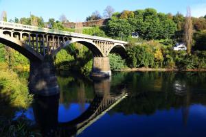 a bridge over a river with its reflection in the water at Cabañas Rayen in Río Bueno