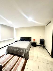 a bedroom with a bed and a desk and a chair at Love Apartment in Guayaquil