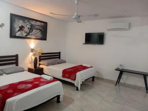 a bedroom with two beds and a television in it at Habitaciones Aurelia in Felipe Carrillo Puerto