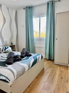 a bedroom with a bed with blue curtains and a window at NextGen Casa Ilma in Antigua