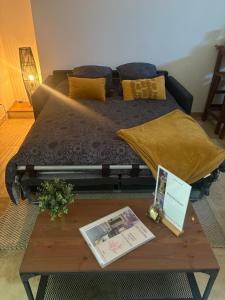 a bed sitting on top of a coffee table next to a coffee table at Le mas des glycines - parking privé et terrasse ombragée in Salon-de-Provence