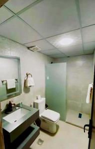a bathroom with a toilet and a sink and a shower at Wadi rum camp in Wadi Rum +21 photos