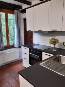a kitchen with white cabinets and a black counter top at La Bergerie in Froid-Chapelle