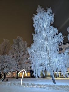 a christmas tree is covered in snow at night at 5- Nice and cozy city apartment, free parking in Kemi