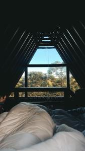 a bed in a room with a large window at Chalé Mont Valle in Bom Jardim da Serra