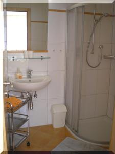 ein Bad mit einem Waschbecken, einer Dusche und einem WC in der Unterkunft Appart Collina in Pfunds