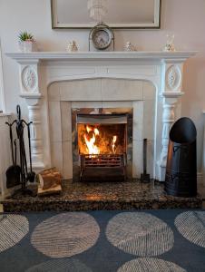 a fireplace with a roaring fire in a living room at Widows Row Cottage in Newcastle +28 photos