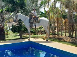 a child sitting on a horse statue next to a swimming pool at Rancho da Montanha Chalé Lua in Resplendor