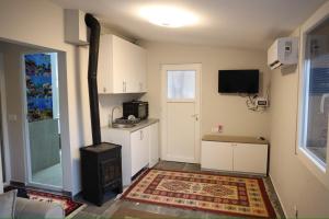 a kitchen with a stove in a room at Villa Taraxha in Mitrovica