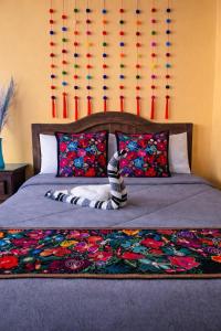 a bedroom with a bed with a colorful blanket and pillows at Casa Josvic in San Cristóbal de Las Casas