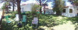 a yard with chairs and a tree and a house at Hostal Sur in Villa Gesell +3 photos