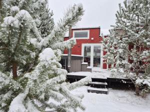 a house with snow covered trees in front of it at Tajnikowo Sekretny Tiny House Wasabi in Lubiana