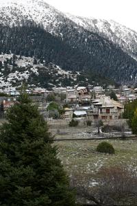 a small town in front of a snow covered mountain at Valley Parnass in Arachova