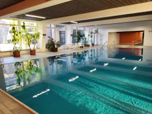 a large swimming pool with blue water in a building at Bergzauber Bayerwald - voll ausgestattetes Familienapartment mit Pool in Sankt Englmar