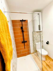 a glass shower in a bathroom with a toilet at Chambre d'hôtes La clef des Champs - LA SOURCE DE NOS RACINES - CORPS DE FERME AU COEUR DU PARC NATUREL DE L'AVESNOIS in Beaufort +44 photos
