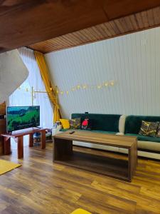 a living room with a couch and a tv at B&B Cottages Mestia-Sauna & Hot Tub in Mestia