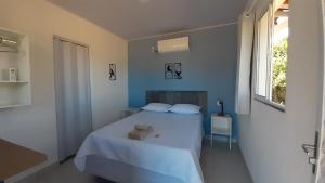 a bedroom with a bed with blue walls and a window at Chalés Canto da Graúna in Ibicoara