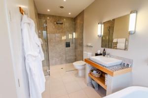 a bathroom with a toilet and a sink and a shower at Manakau Lodge in Kaikoura +13 photos
