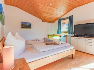 a room with a bed and a flat screen tv at Itterblick in Itter