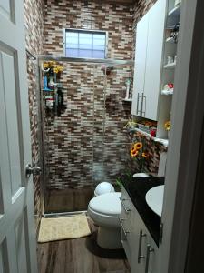 a bathroom with a shower and a toilet and a sink at Apartamento de July in Penonomé +41 photos
