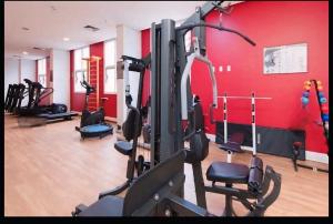 a gym with several tread machines and a red wall at Flat Hotel Confort Suítes Alphaville in Barueri