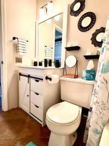 a bathroom with a toilet and a sink and a mirror at Lakefront Condo Private Deck 3 Pools in Osage Beach +16 photos