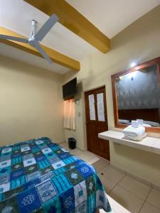 a bedroom with a bed and a ceiling fan at Hotel Jocari in Cholula +9 photos