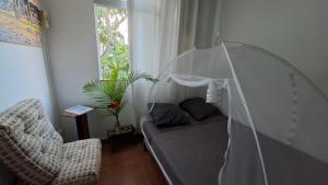 a bed with a canopy in a room with a window at Comme à la maison! Le Moule in Le Moule