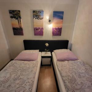 two beds in a small room with paintings on the wall at Apartment Weimar II in Ulla +27 photos