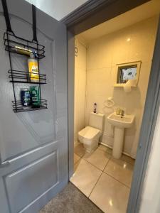 a bathroom with a toilet and a sink at Eastern Bridge House in Spinney Hill
