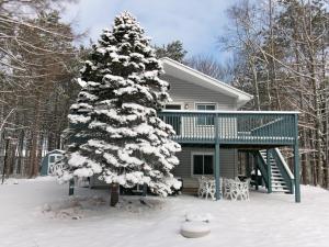a snow covered christmas tree in front of a house at Evergreen Escapes 4 BR with Game Room, Firepit near Kalahari and Camelback in Long Pond